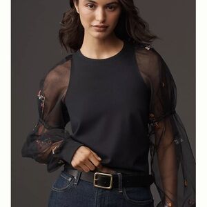 Maeve Embroidered Sheer-Sleeve Blouse NWT